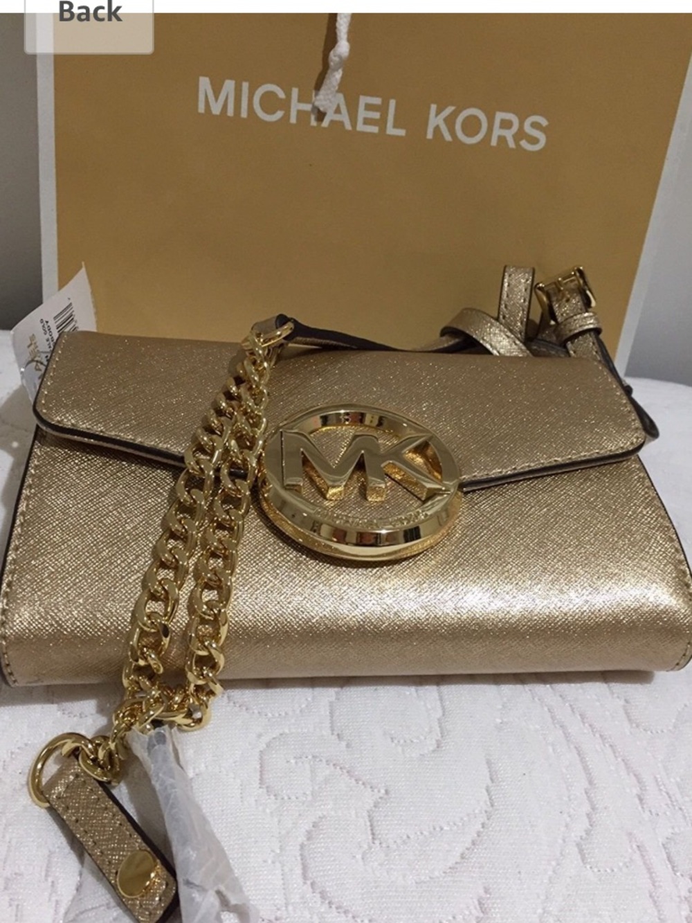 Michael Kors Metallic Gold Saffiano Crossbody with Gold Chain